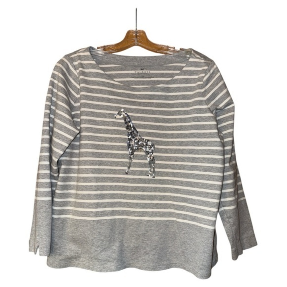 Talbots Woman Sequin Giraffe‎ Top Gray Striped Boat Neck Cotton Size 1XP Safari